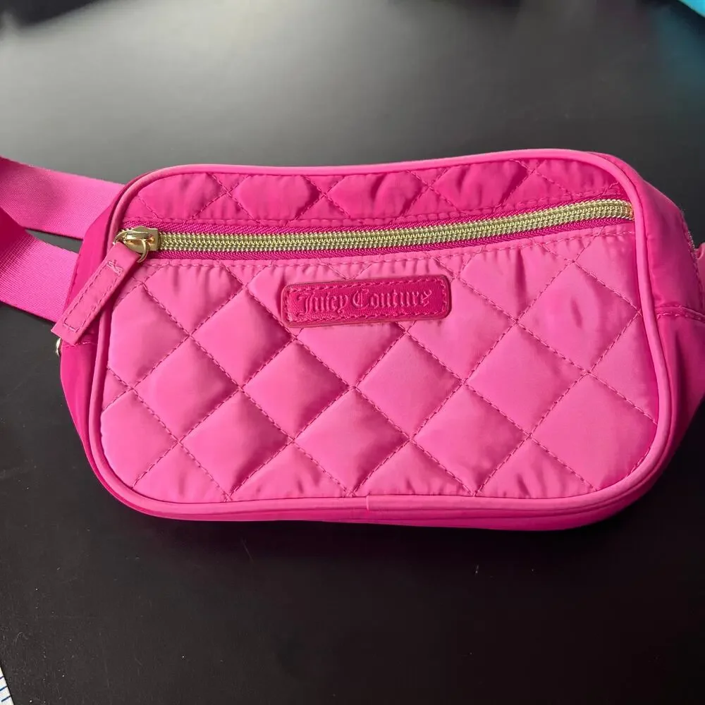 Juicy Couture Pink Quilted Nylon Belt Bag Gold-Tone Front Zipper